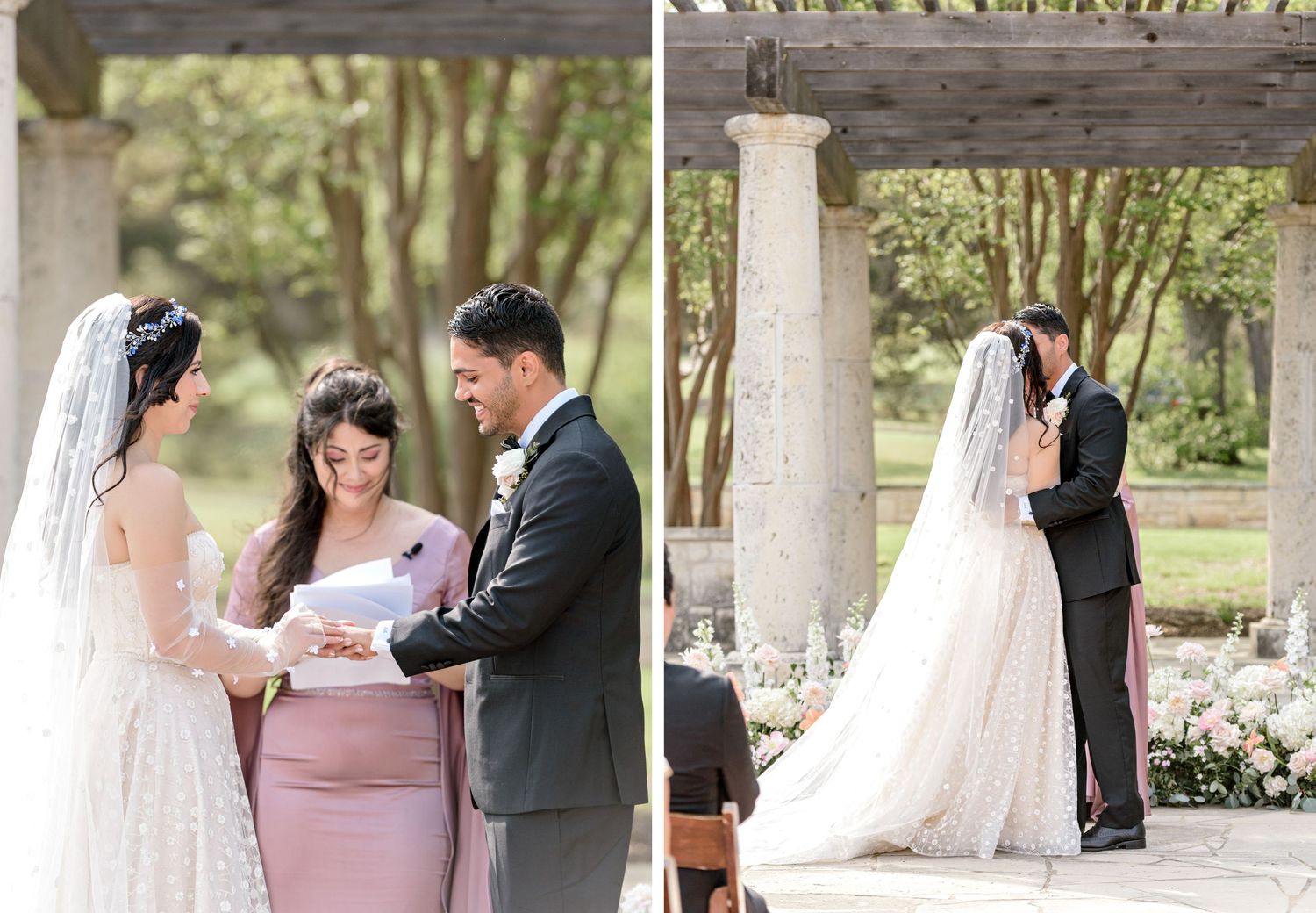 Intimate outdoor wedding ceremony moments under a wooden pergola with white florals and natural garden setting.