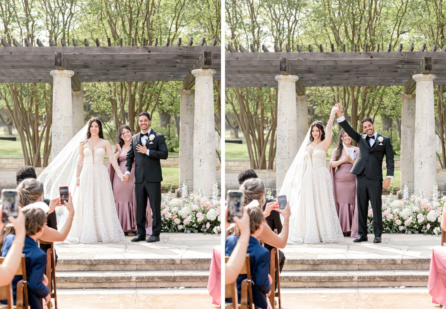 Wedding ceremony takes place under a white pergola with floral decorations and columns in a garden setting.