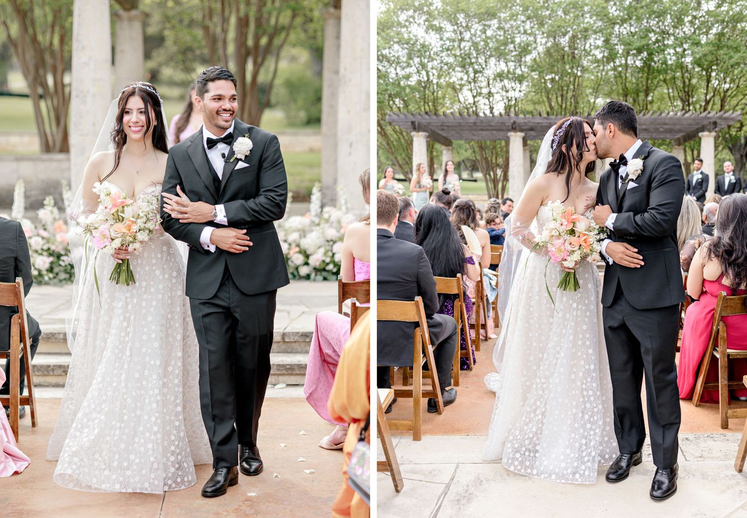 A joyful couple walks down the outdoor aisle at their garden wedding ceremony surrounded by guests and wooden chairs.