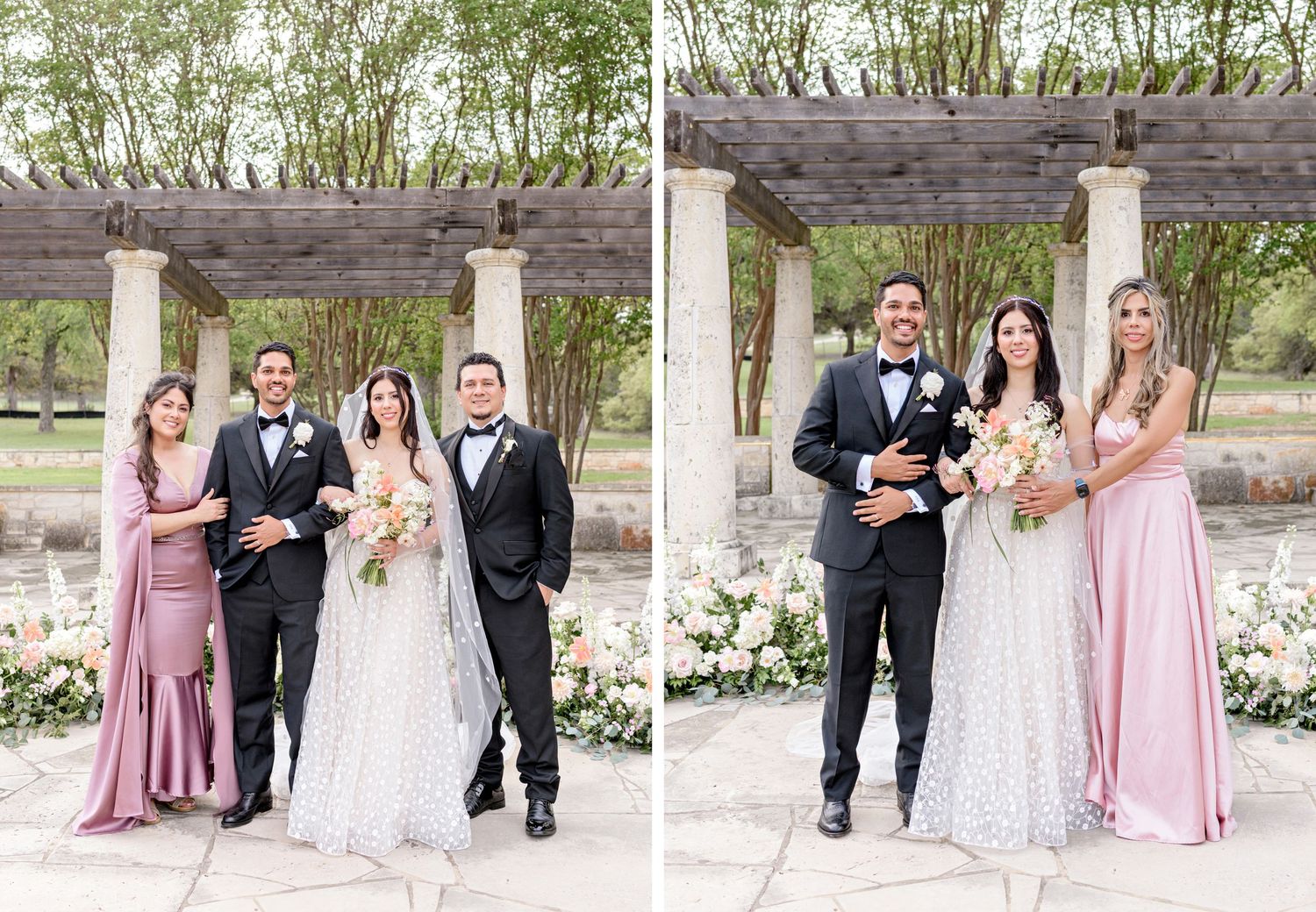 Wedding party poses together under wooden pergola with bridesmaids in pink dresses and groomsmen in black tuxedos.