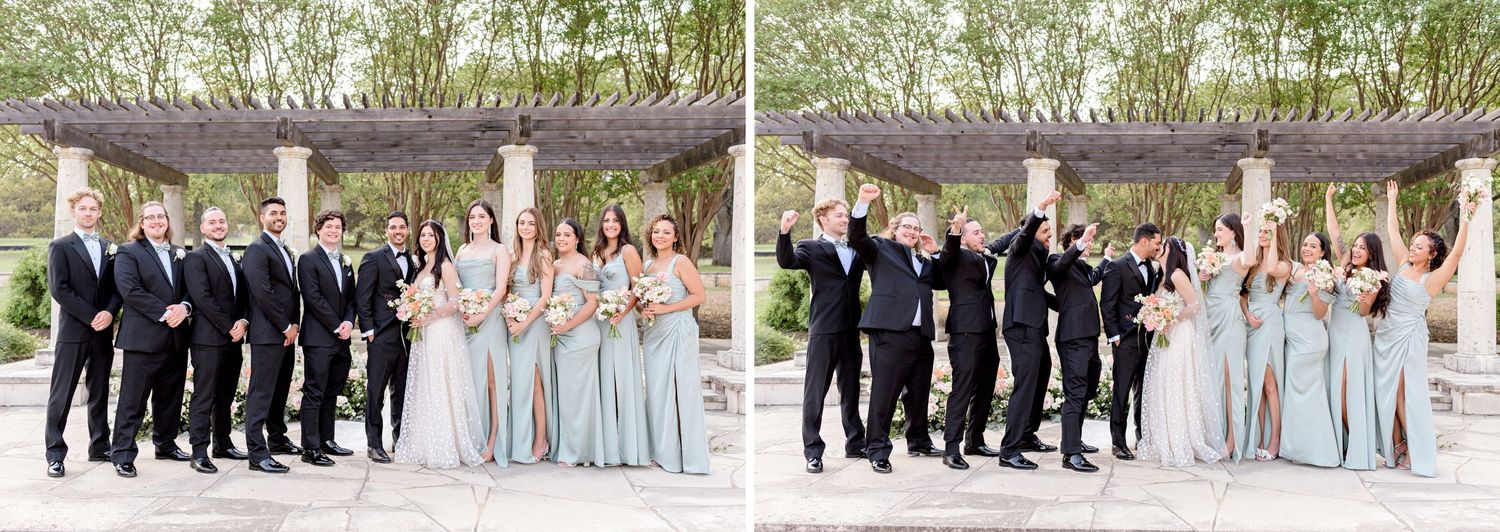 Wedding party in classic black and sage green attire poses elegantly outdoors under wisteria covered pergola.