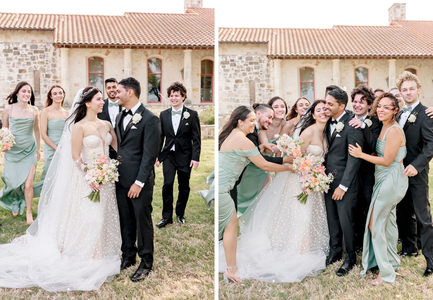 Wedding party in green dresses and black suits pose together outside stone building with terracotta roof.