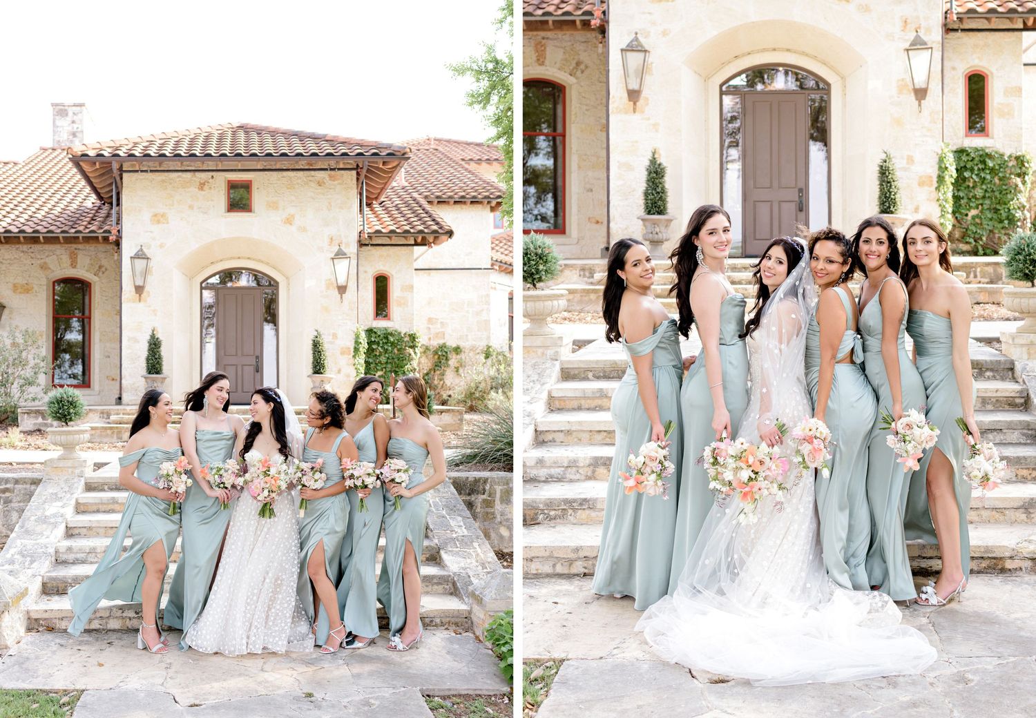 Bridesmaids in light blue dresses pose on stone steps of a Mediterranean villa.