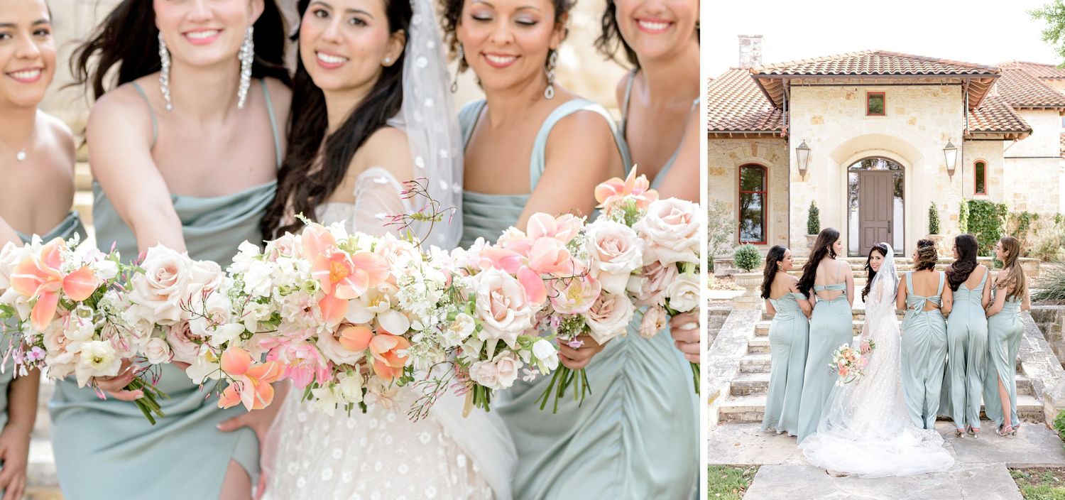 A group in light blue dresses hold peach and white floral bouquets at an elegant outdoor wedding venue.
