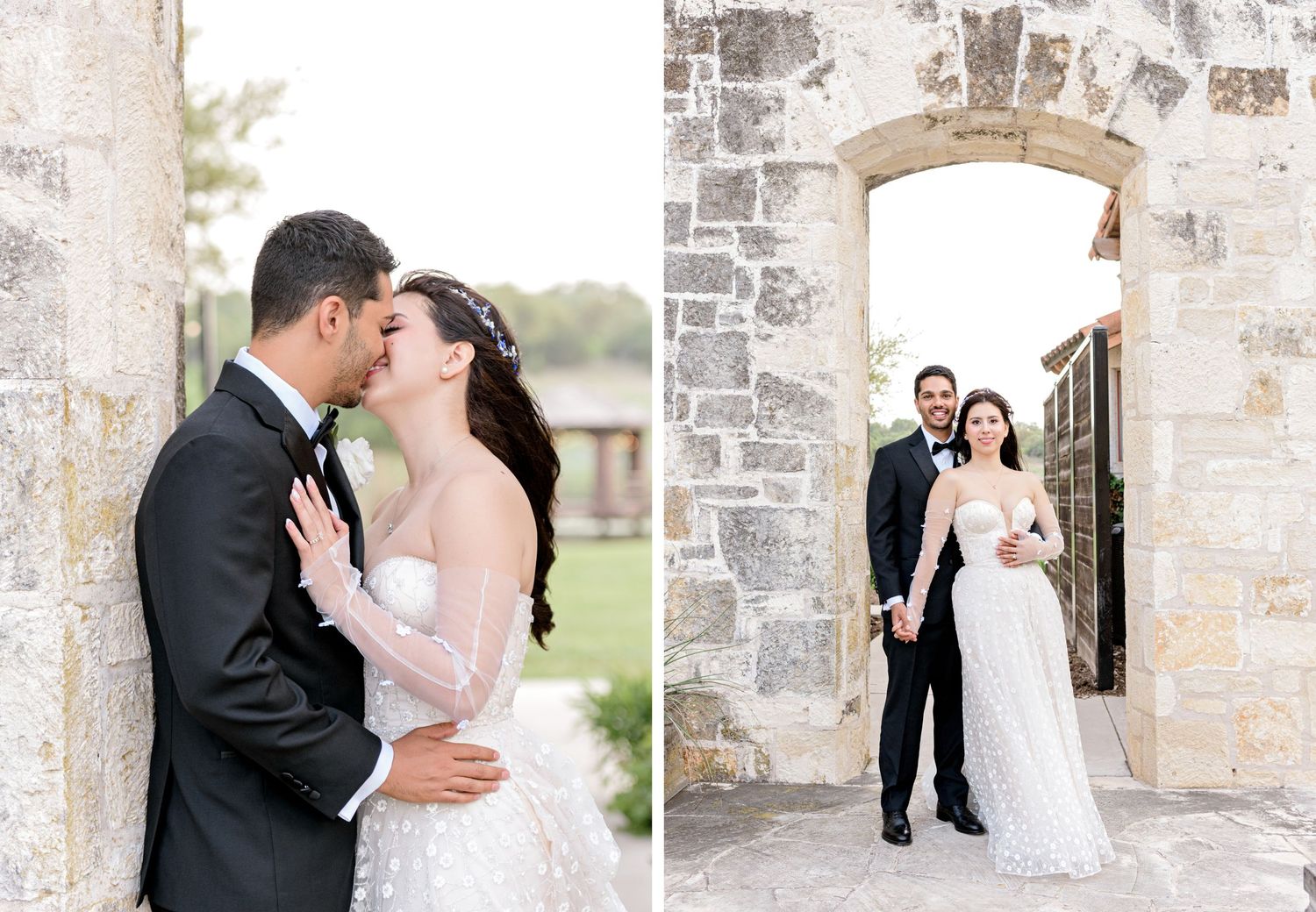 Romantic wedding portraits captured in and around stone archway of Mediterranean venue.