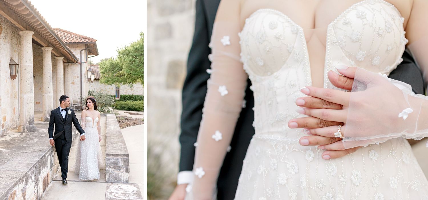 Couple walking along covered walkway and close-up of wedding dress details.