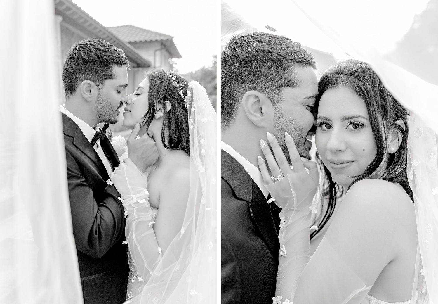 Two black and white romantic wedding portraits showing tender moments between newlyweds against a light background.