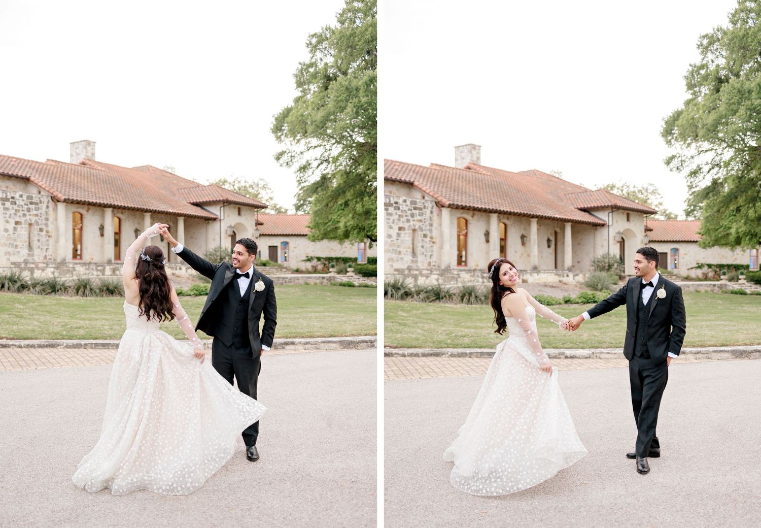 Two celebratory dance poses captured outdoors at a rustic venue with a cream-colored building in the background.