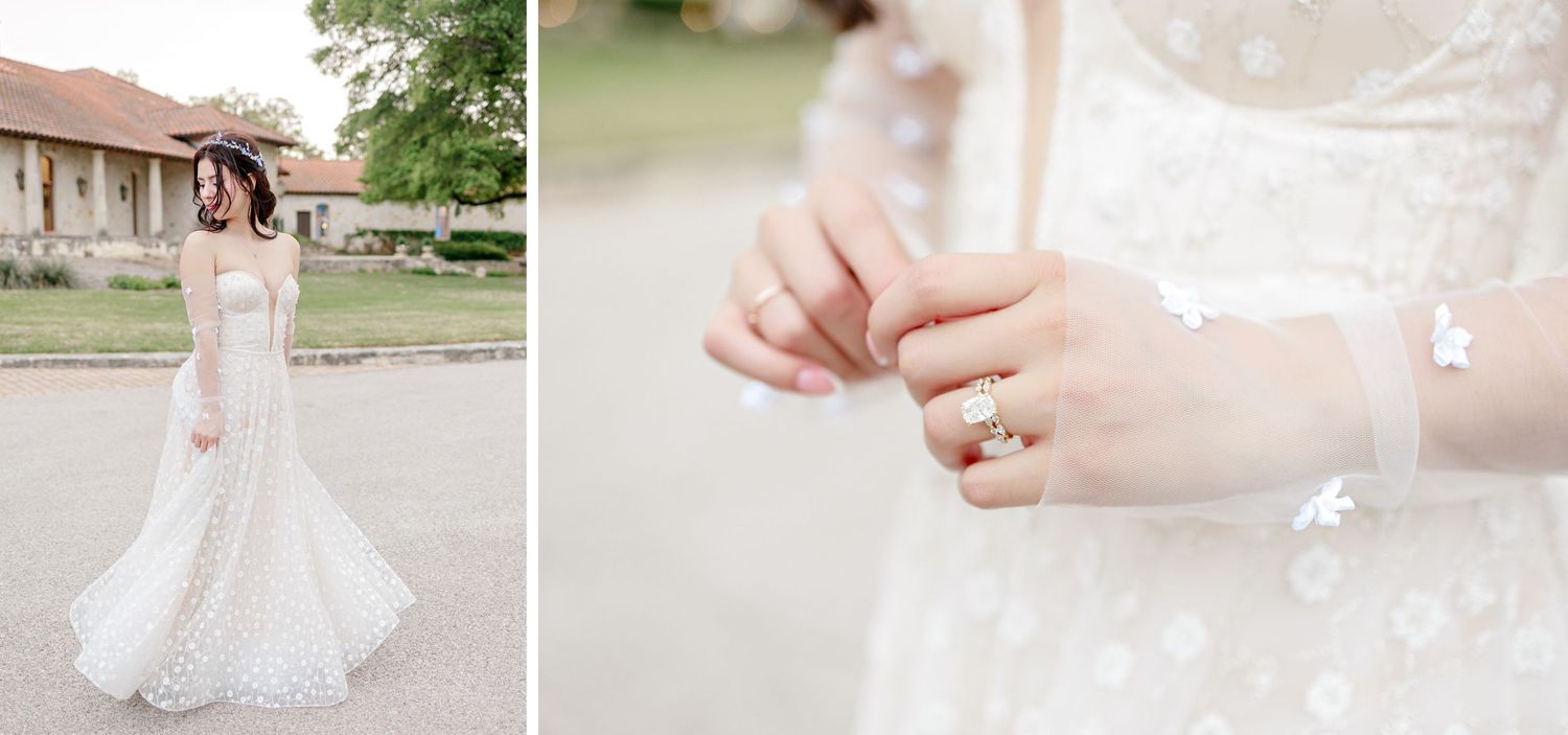 Delicate lace details of a white wedding gown with close-up shots of sleeve embellishments and jewelry.