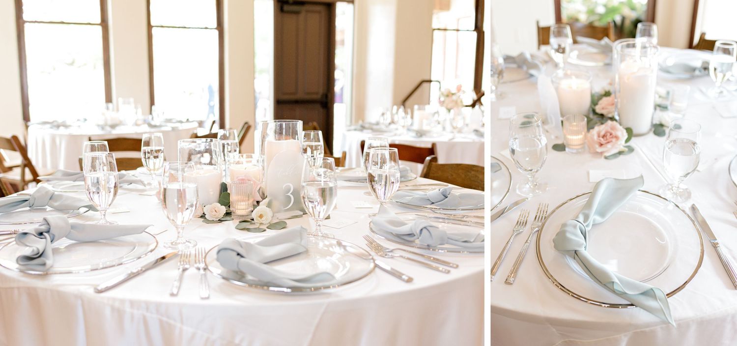 Elegant white and silver wedding reception table settings with place cards and floral centerpieces.