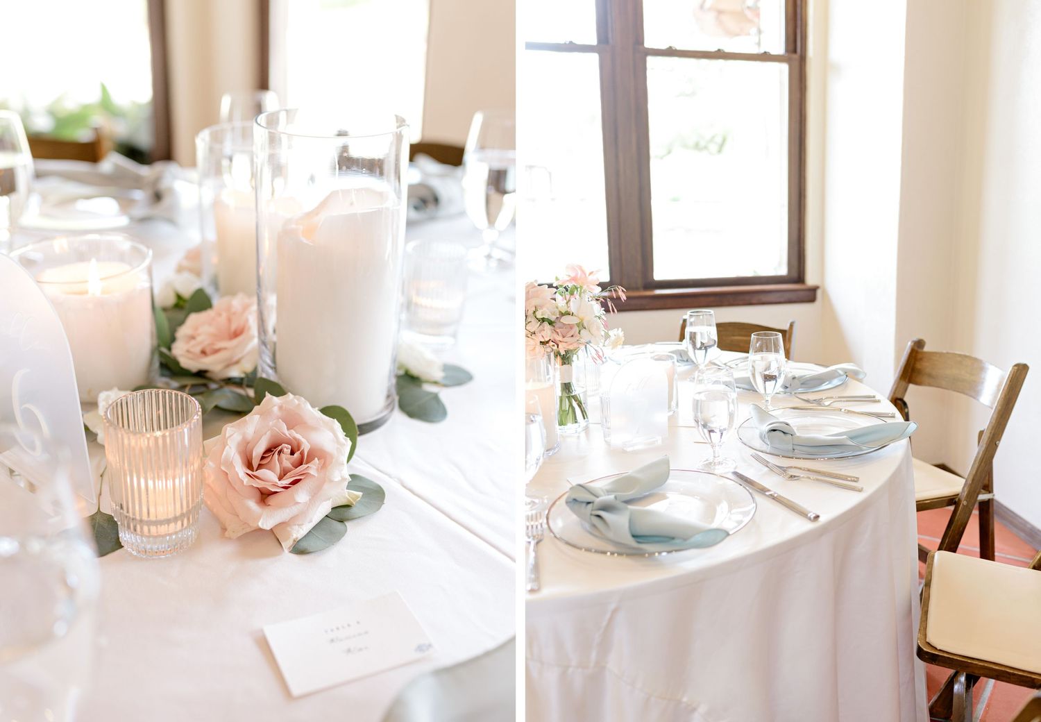 Elegant wedding reception table settings with blush pink roses and glowing candles on crisp white tablecloths.