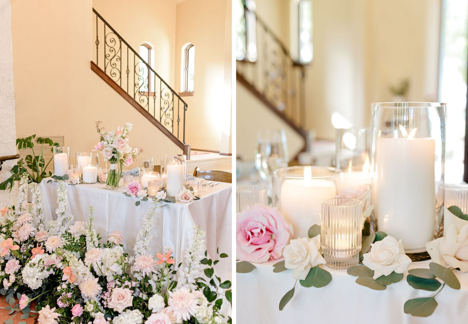 Elegant wedding reception tables decorated with pink roses, white candles and greenery in a light-filled venue space.