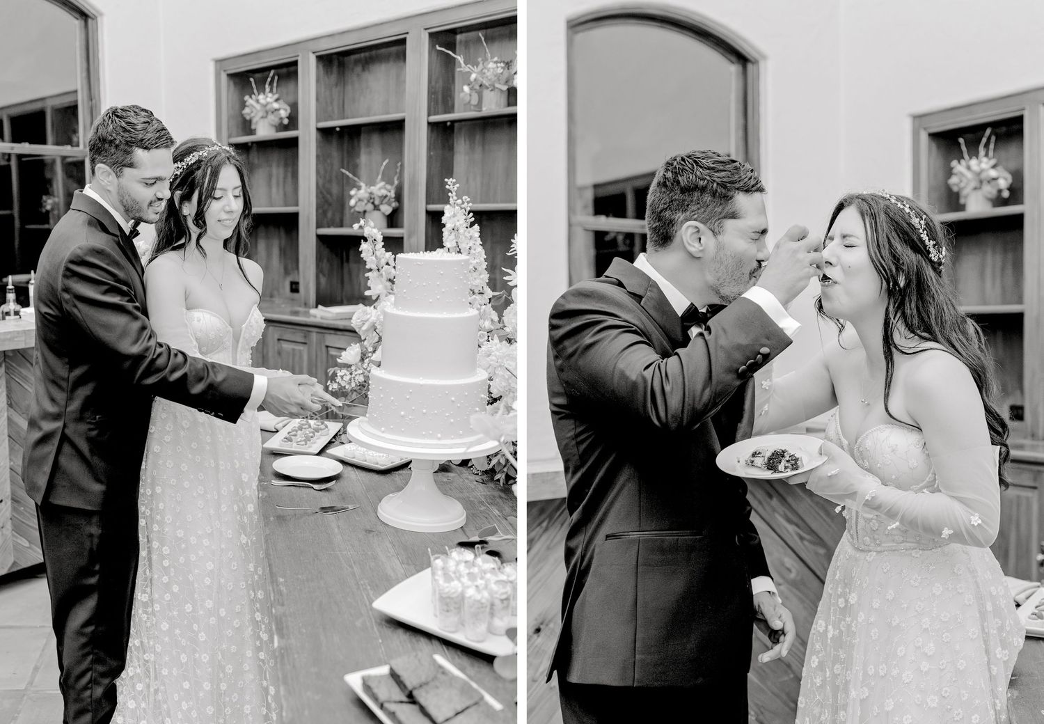 A couple shares playful moments while cutting and feeding each other wedding cake at their reception celebration.