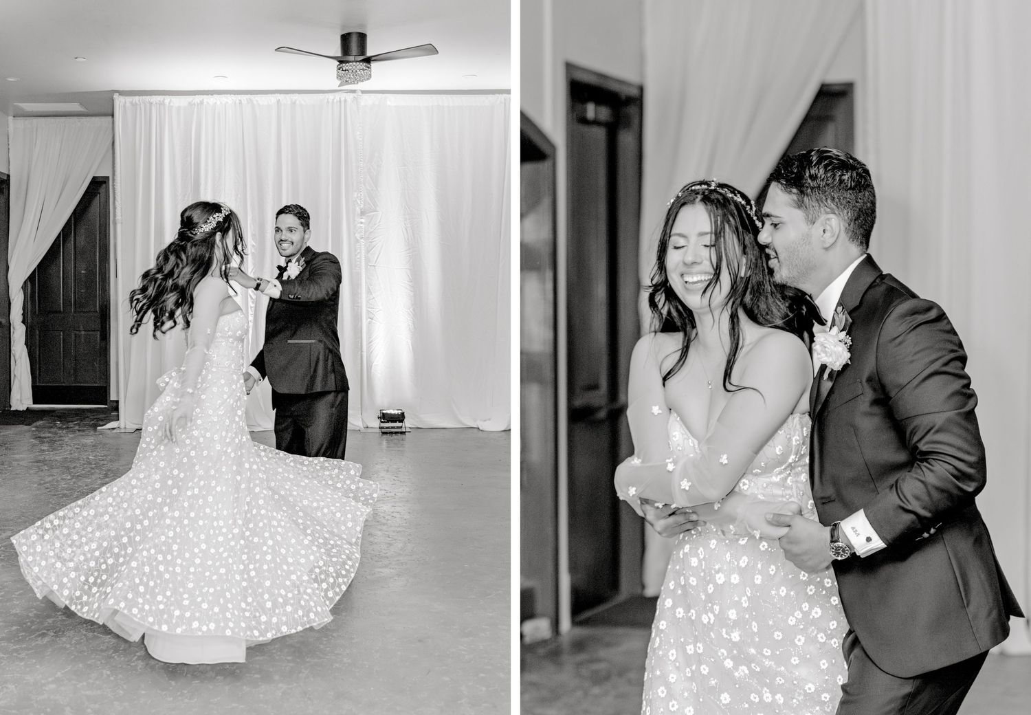 A joyful couple shares their first dance at a wedding, twirling in black and white photos.
