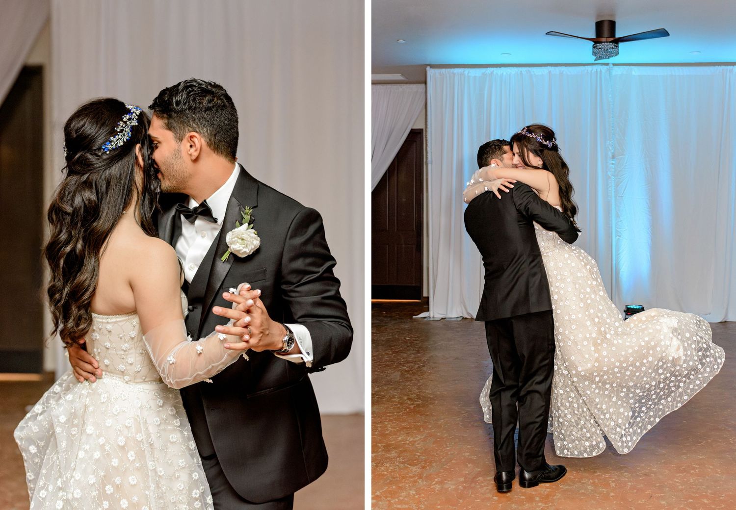 Couple shares romantic dance moments at wedding reception with dramatic lighting and white backdrop.