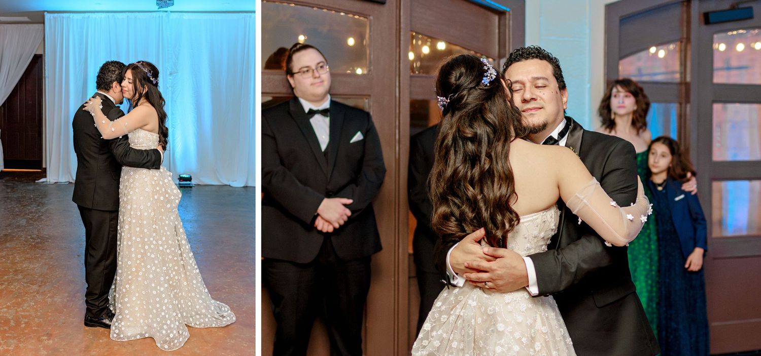 Three joyful dance moments at a wedding reception with a long white gown and formal attire captured in blue lighting.