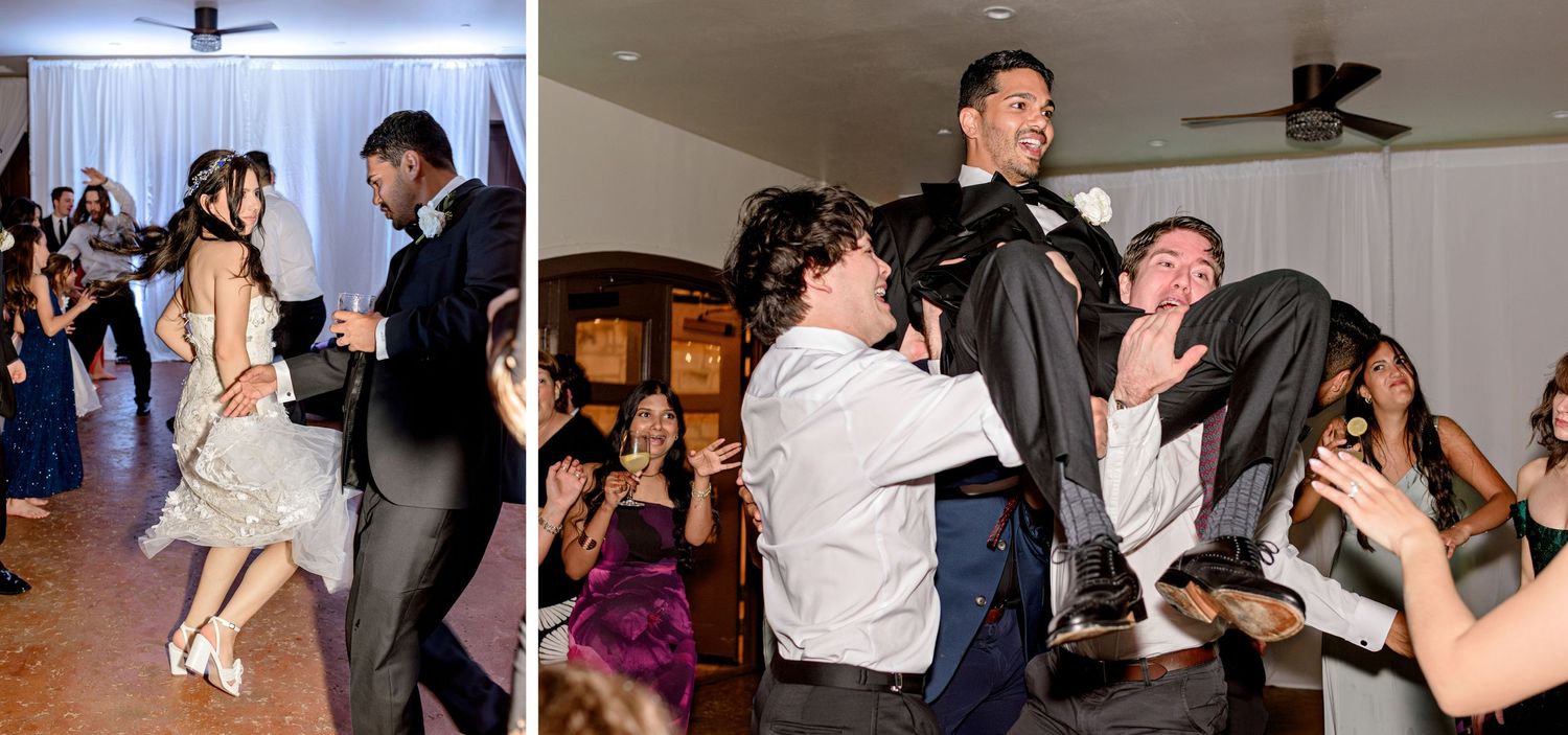 Wedding reception guests dancing enthusiastically on a crowded dance floor at an indoor venue.