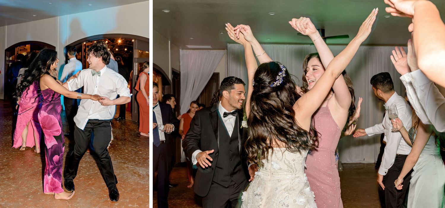 Wedding guests dancing and celebrating on a festive dance floor at a reception with lively party atmosphere.