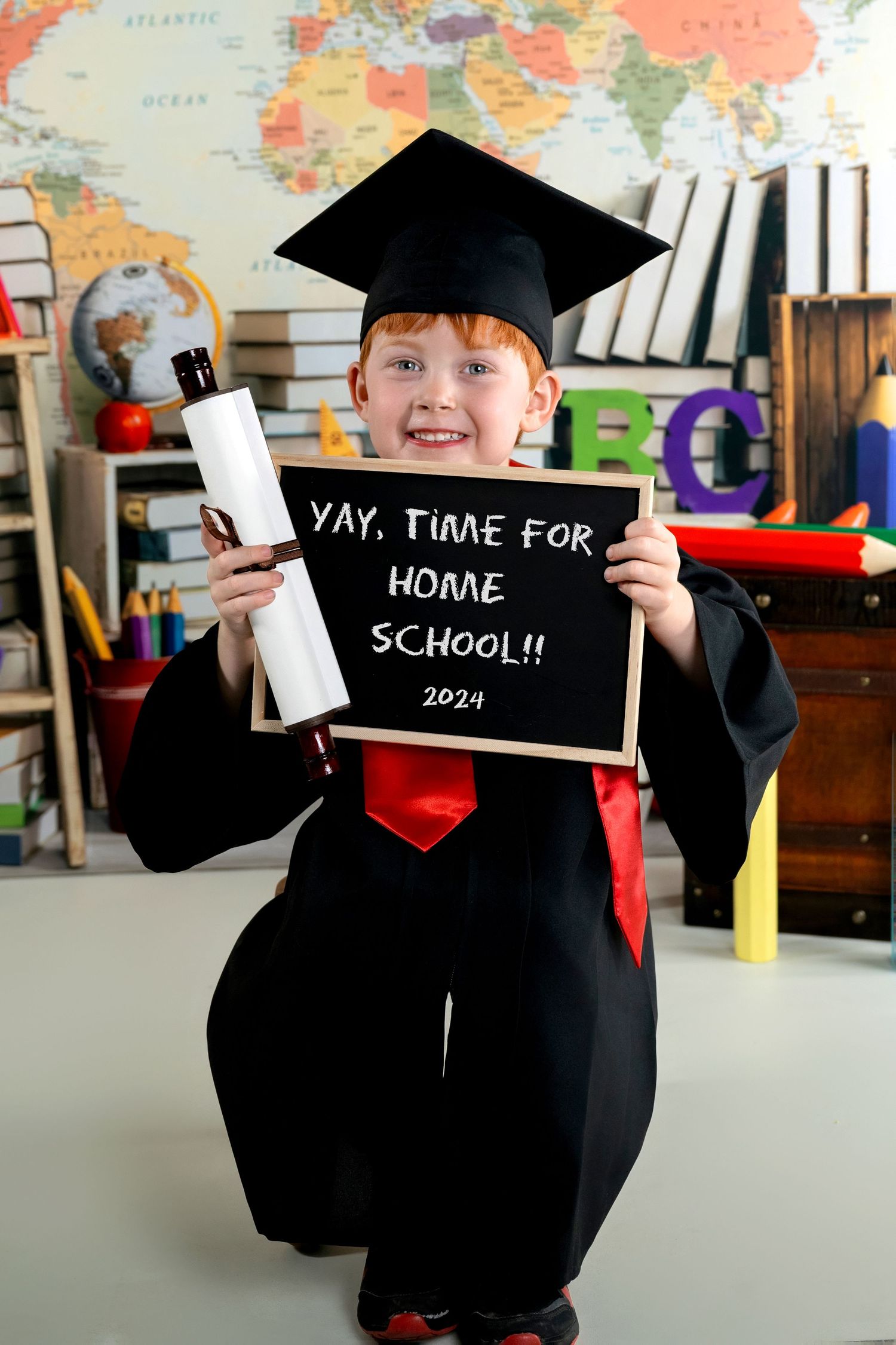 A student in graduation cap and gown holds a sign about homeschooling in front of a world map and books.