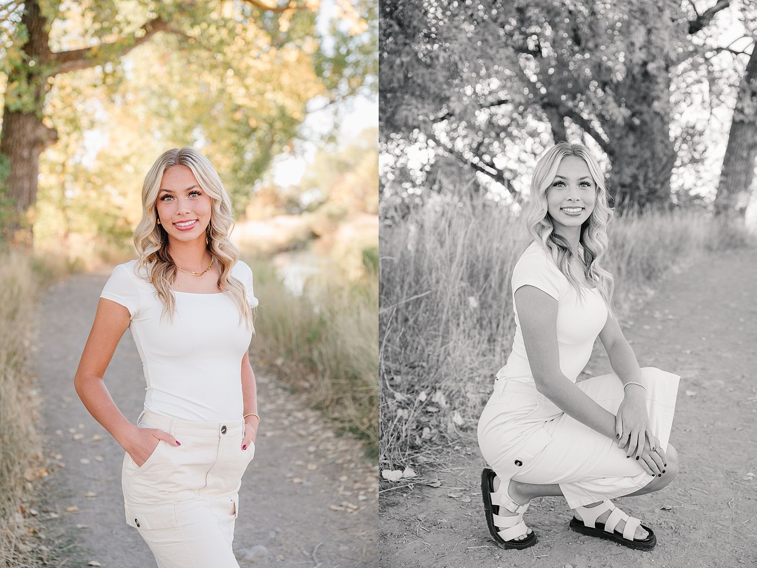 Side by side outdoor portrait photos in a natural setting with warm lighting and rustic surroundings.