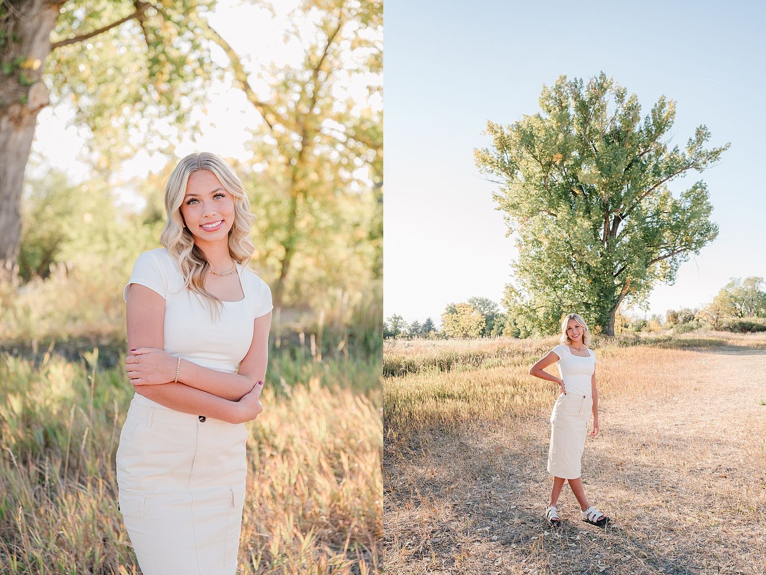 A person in a white dress stands in golden grassland during sunset with trees in the background.