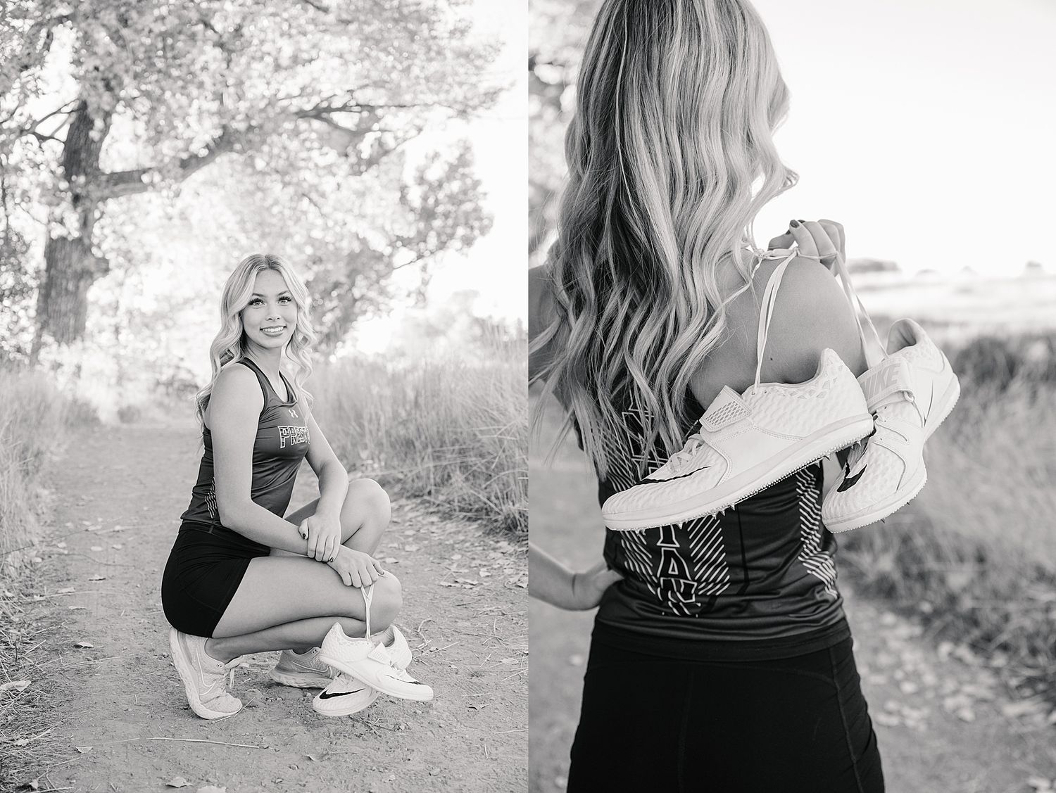 Black and white artistic outdoor portrait showing figure in dark dress with flowing hair.