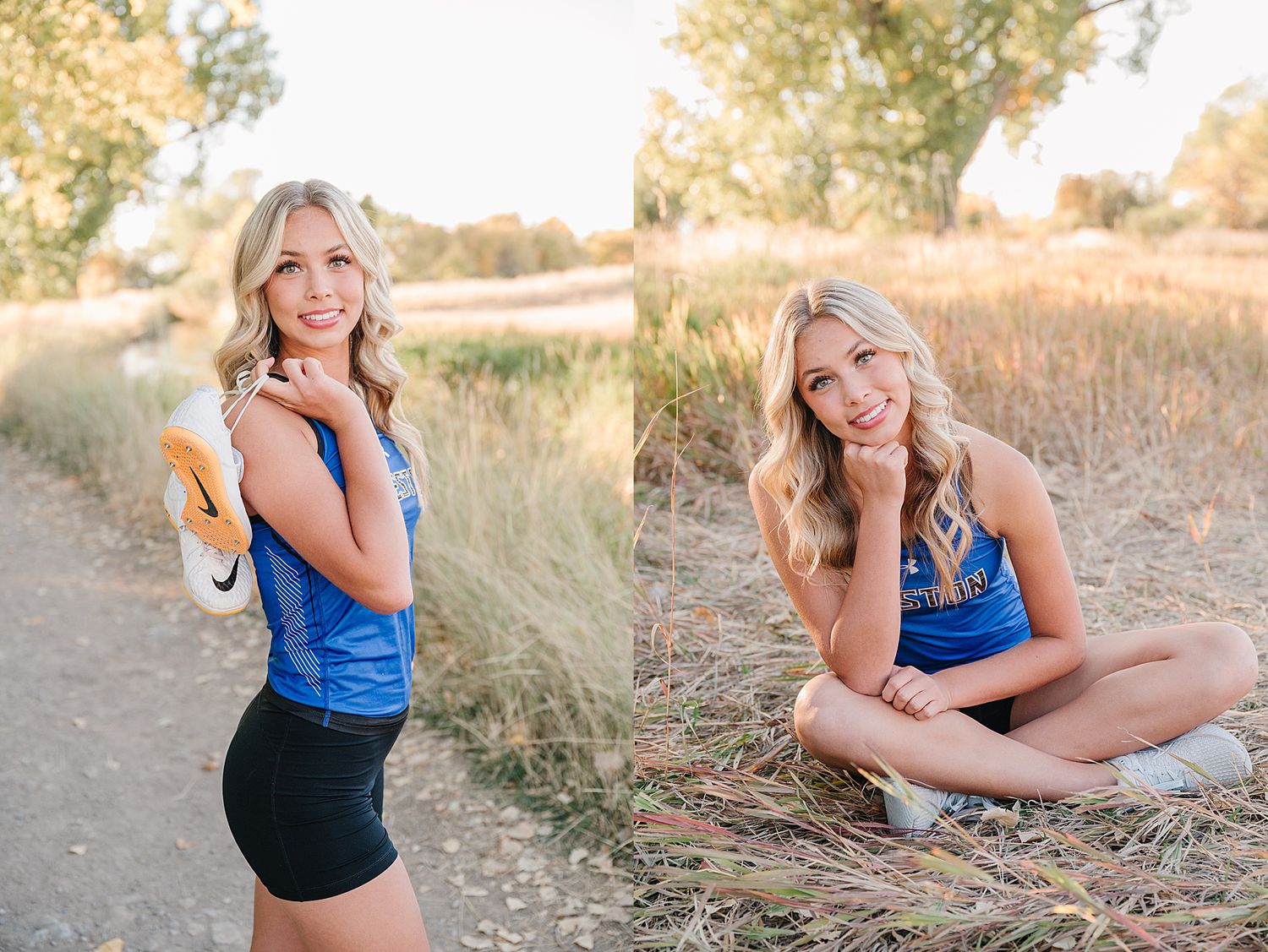 A young woman in blue tank top and black shorts poses outdoors in golden sunlight on a rural dirt path.