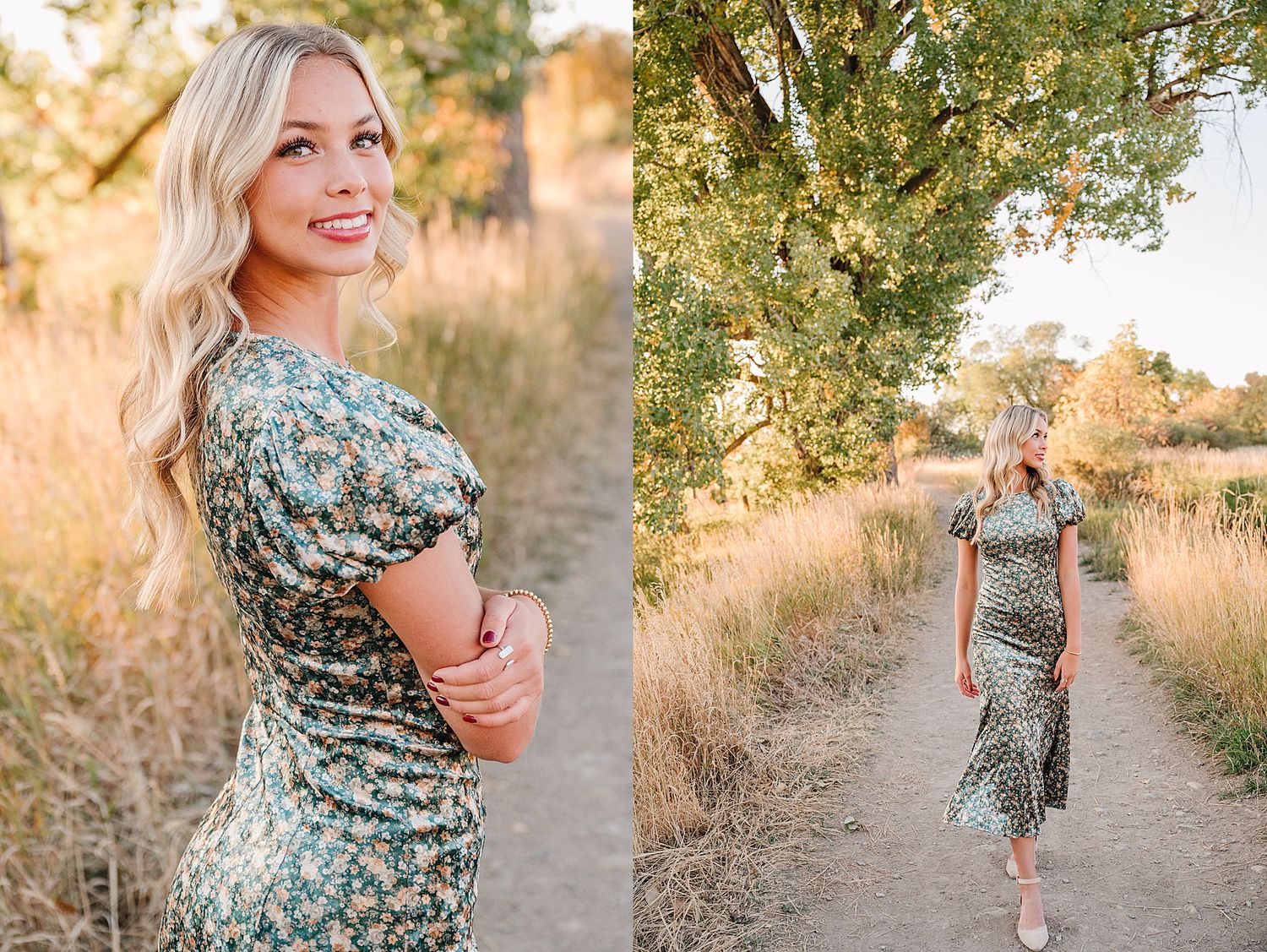 Two outdoor portrait photos on a dirt path at golden hour showing someone wearing a floral print dress.