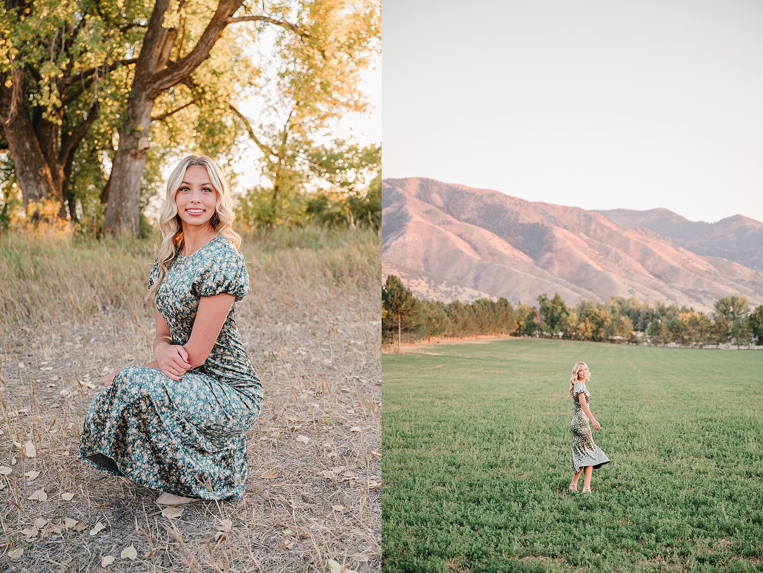 Two outdoor scenes show a polka dot dress against nature backdrops of mountains and dry grassland at sunset.