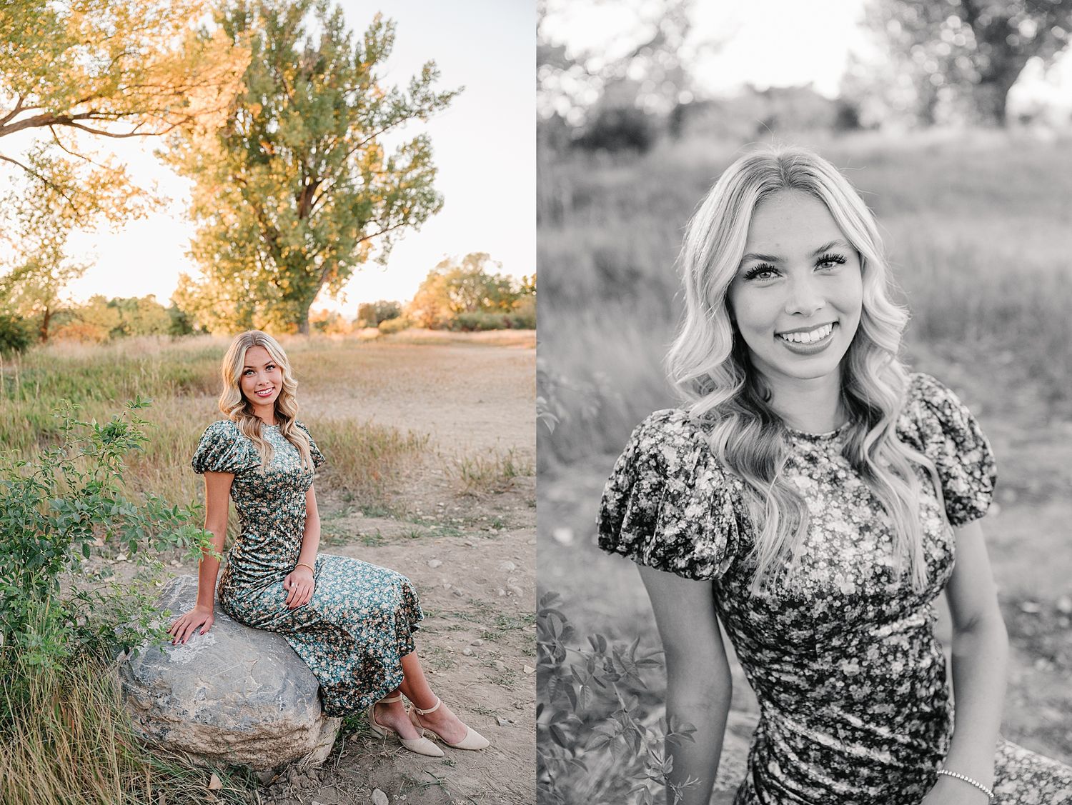 A portrait session in a field at sunset with a floral dress and natural lighting.