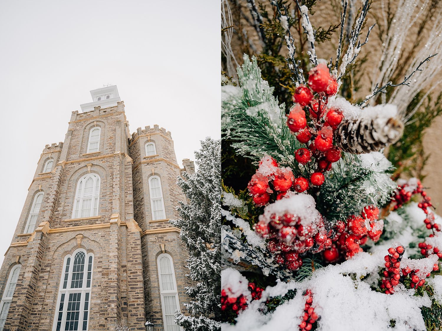 Historic brick church tower rises against sky next to snow-covered red berries and evergreen winter foliage arrangement.