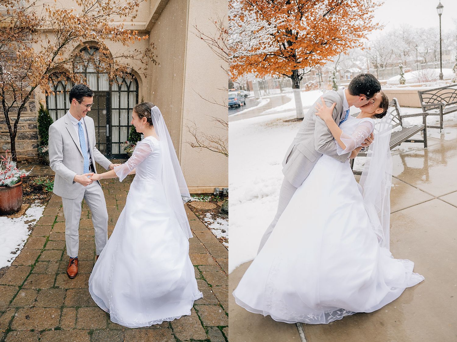 Two side-by-side wedding photos showing a couple outdoors in autumn weather with gothic architecture visible.