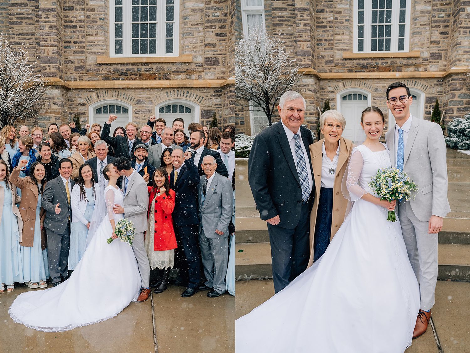 Wedding party and guests pose for group photo outside a stone church building with arched windows.