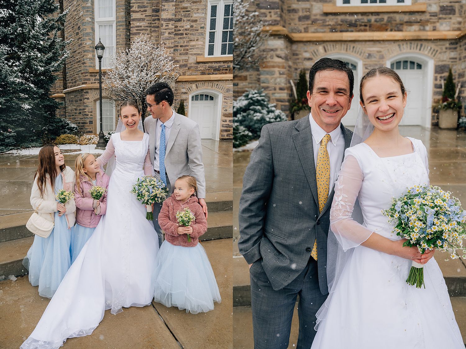 Wedding party stands outside a historic stone building in winter with blue bridesmaids dresses and floral bouquets.