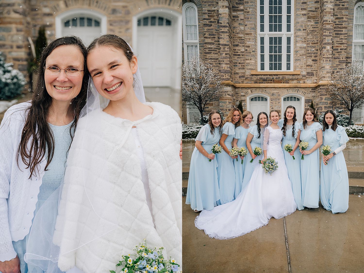 Wedding party in blue bridesmaid dresses poses outside stone church building with wedding bouquets.
