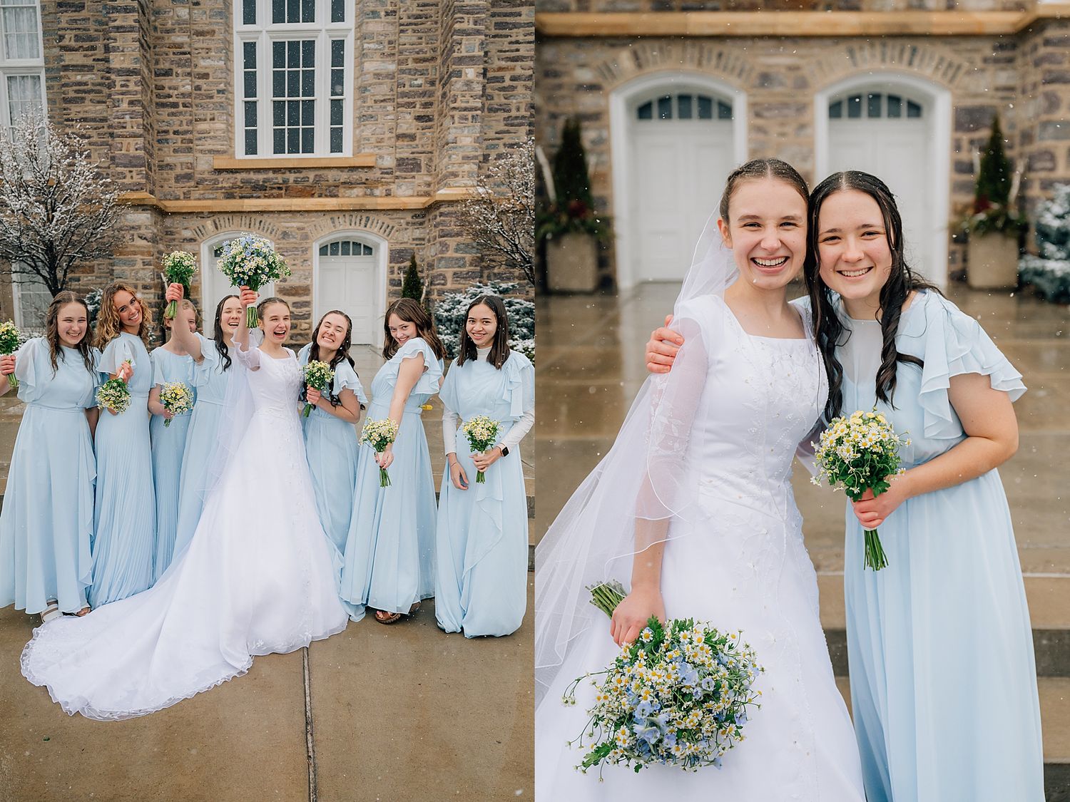 Group photo of wedding party in light blue gowns holding floral bouquets against stone church exterior.