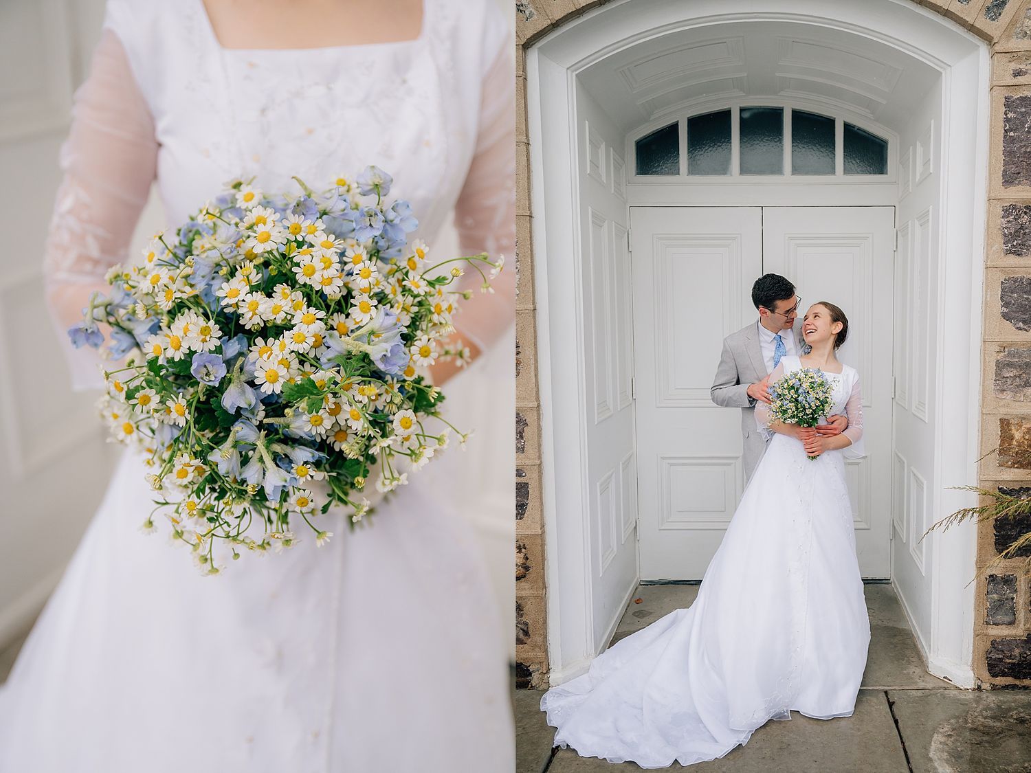 Wedding bouquet of yellow daisies and white florals next to couple by elegant arched doorway.
