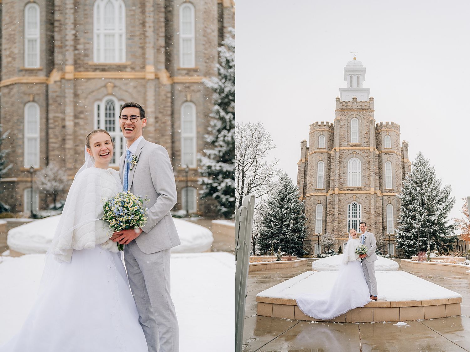 Winter wedding photos at historic Mormon temple with snow-covered grounds and white wedding dress.