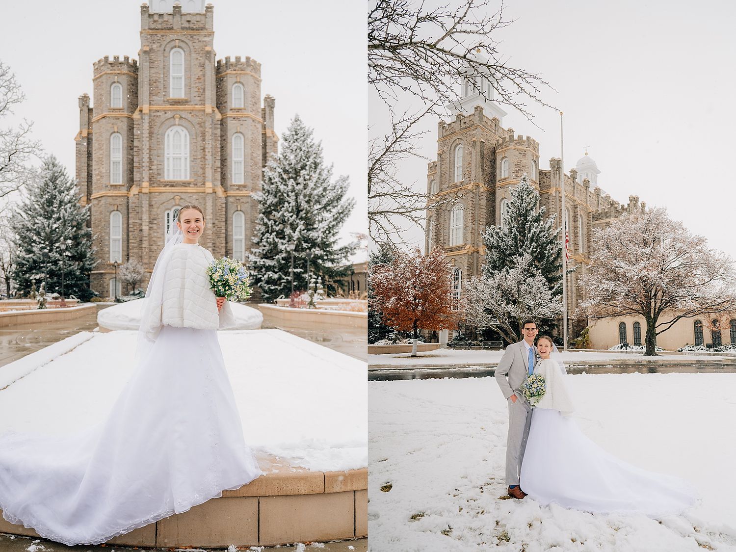 A beautiful white wedding dress spins against the backdrop of a historic stone Gothic cathedral in winter snow.
