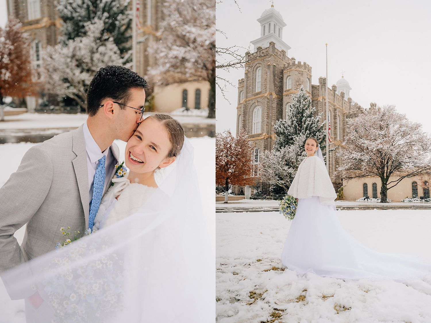 A romantic winter wedding portrait against a snowy gothic architecture backdrop at Logan Utah Temple.