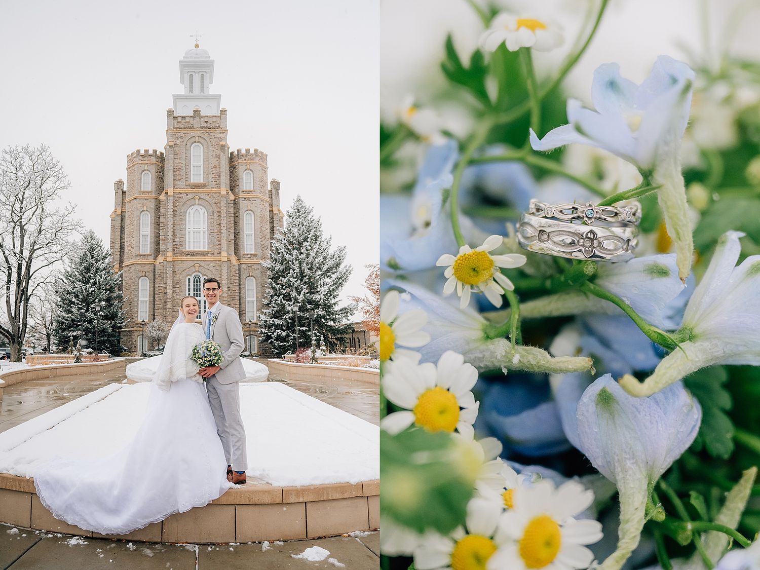 Wedding scene with a temple in the background and close-up of engagement rings with delicate blue and white flowers.