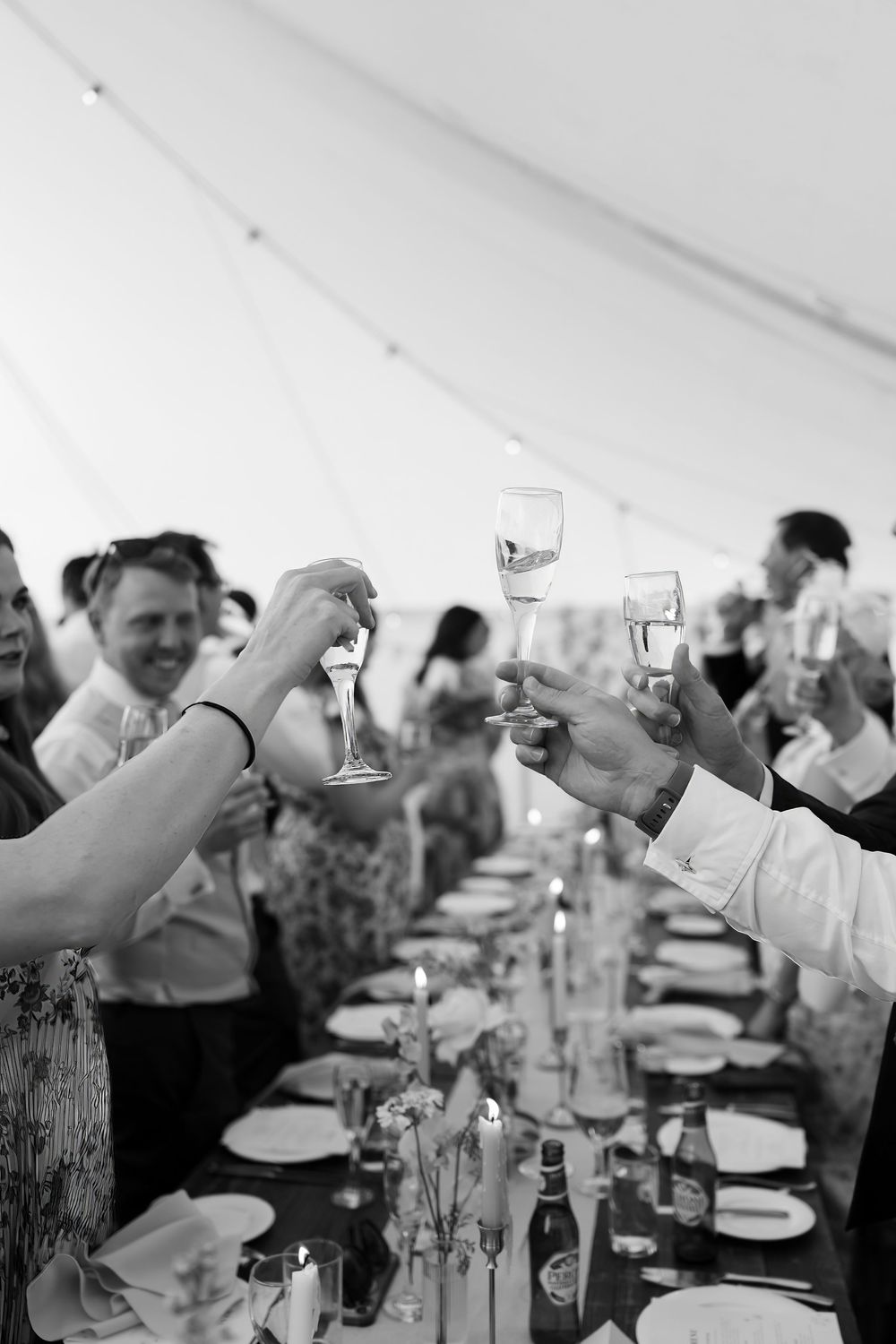 Wedding guests raise glasses in celebratory toast under white tent.