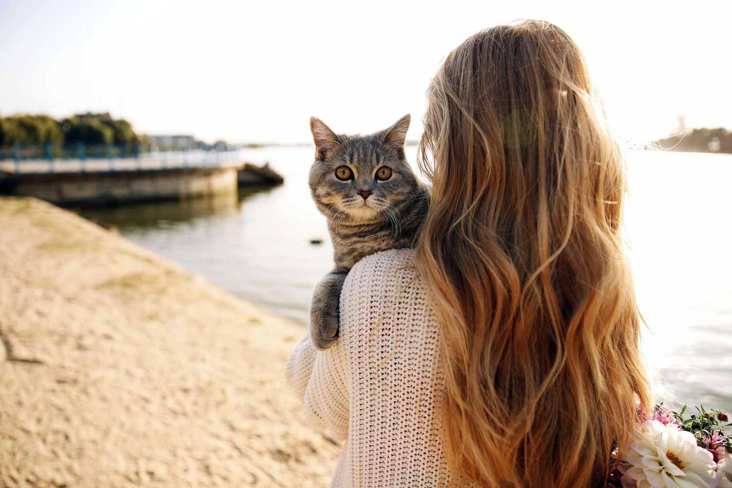 woman hugging kitten