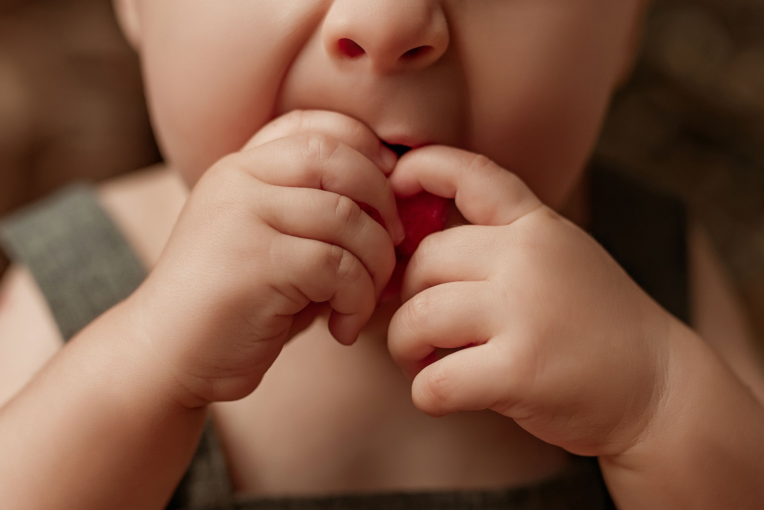 Close up of tiny hands bringing a red fruit or berry to the mouth showing innocent exploration and discovery.