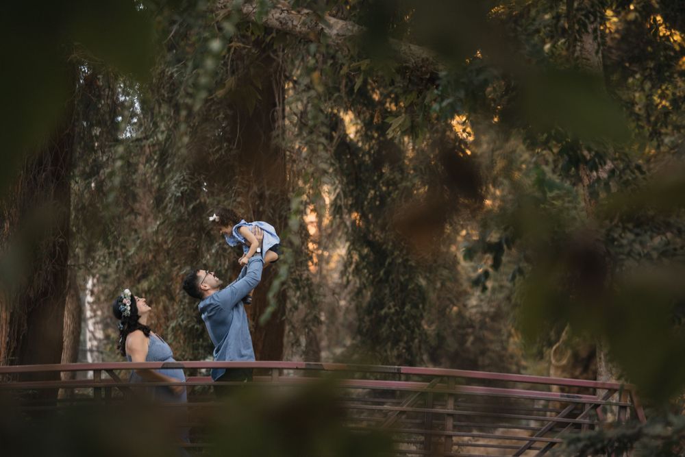 People sitting on wooden benches in dreamy forest setting with golden sunlight filtering through trees.
