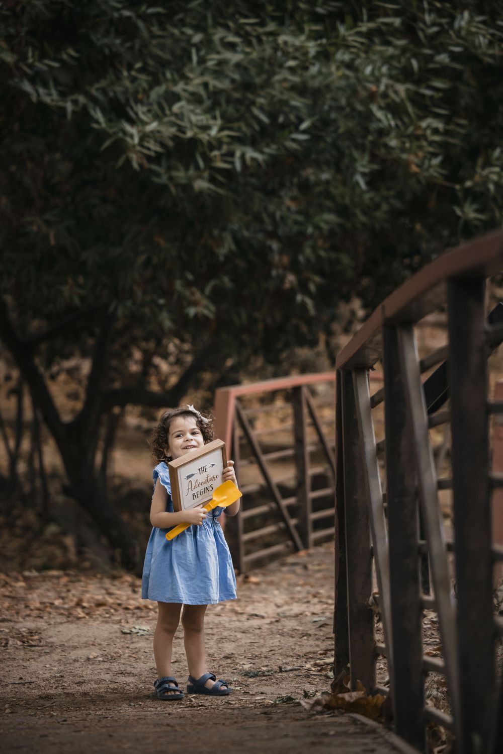 A small child in a blue dress holds a book while standing on a dirt path near a wooden railing in a park.
