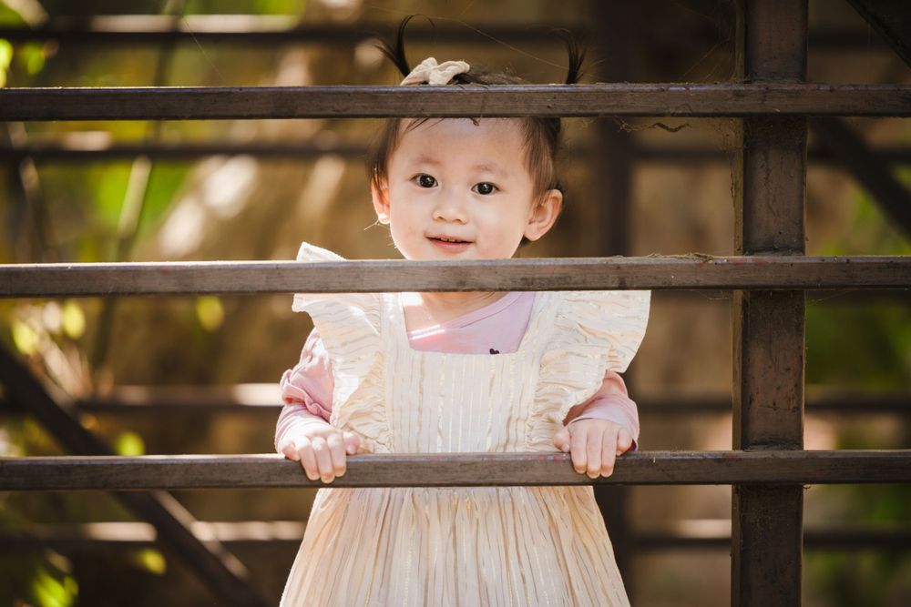 Small child wearing a light-colored ruffled dress stands behind wooden railings on a sunny day.
