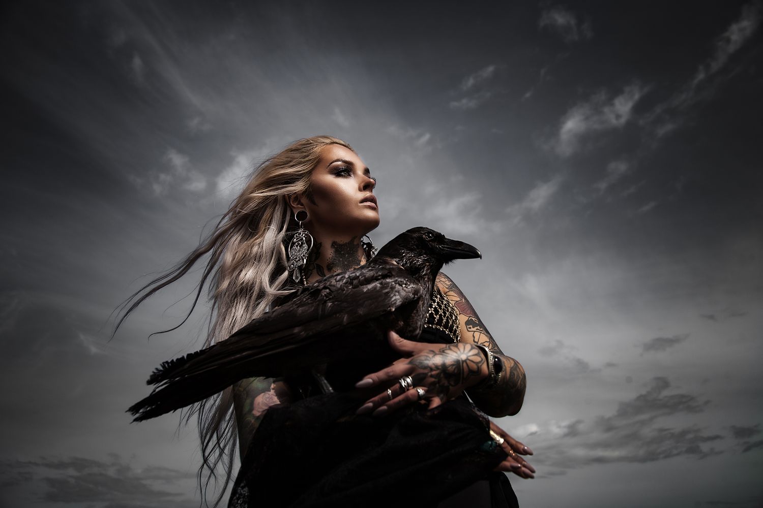 Dramatic portrait of someone with long hair holding a black raven against a moody sky.