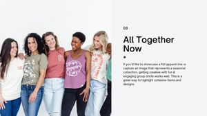 A group of five friends wearing casual spring outfits lean against a white wall with text reading 'All Together Now'.
