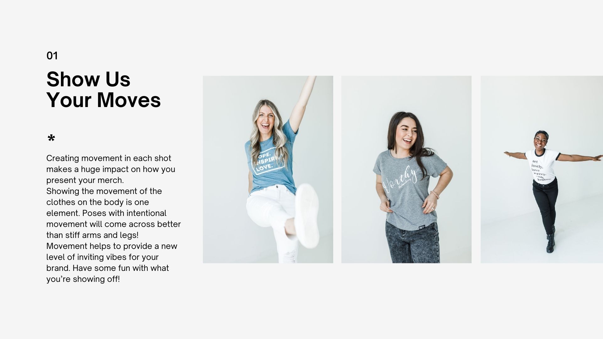 Professional dancers in casual clothing strike dynamic poses against a white background in a three-panel layout.